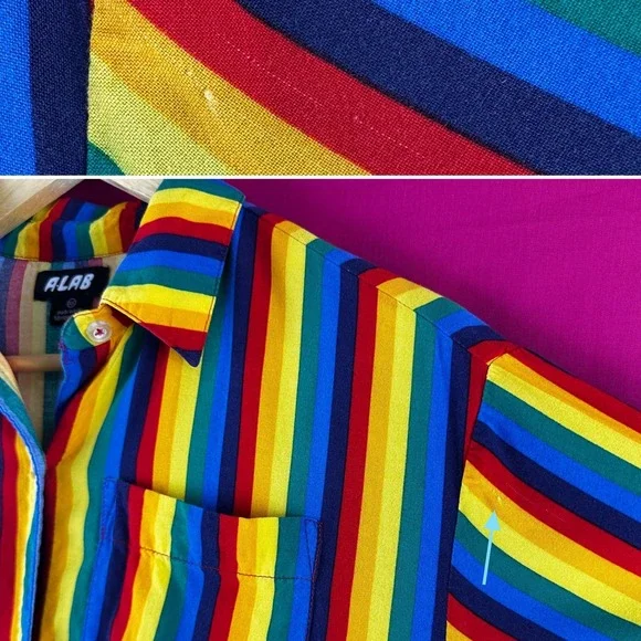 A.LAB Rainbow Striped Button Up Short Sleeve Shirt XS Gay Pride Colorful Kidcore - Picture 9 of 17
